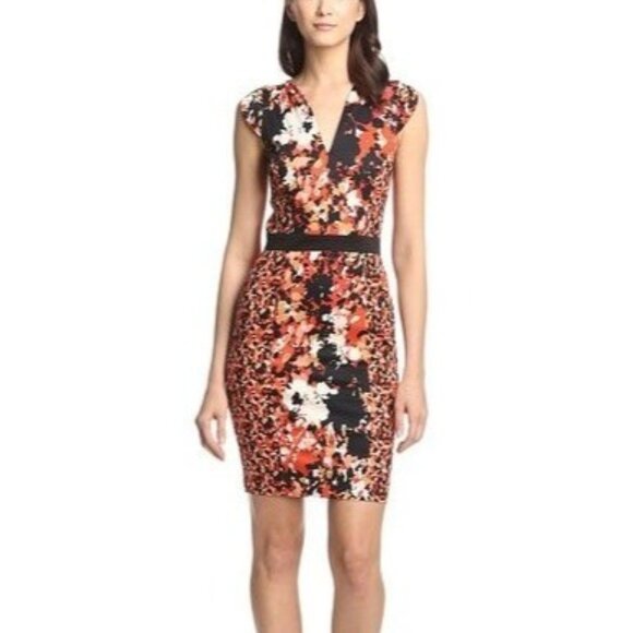 French Connection Size 2 Red Orange Black Floral Print V-Neck Sheath Mini Dress - Picture 1 of 16